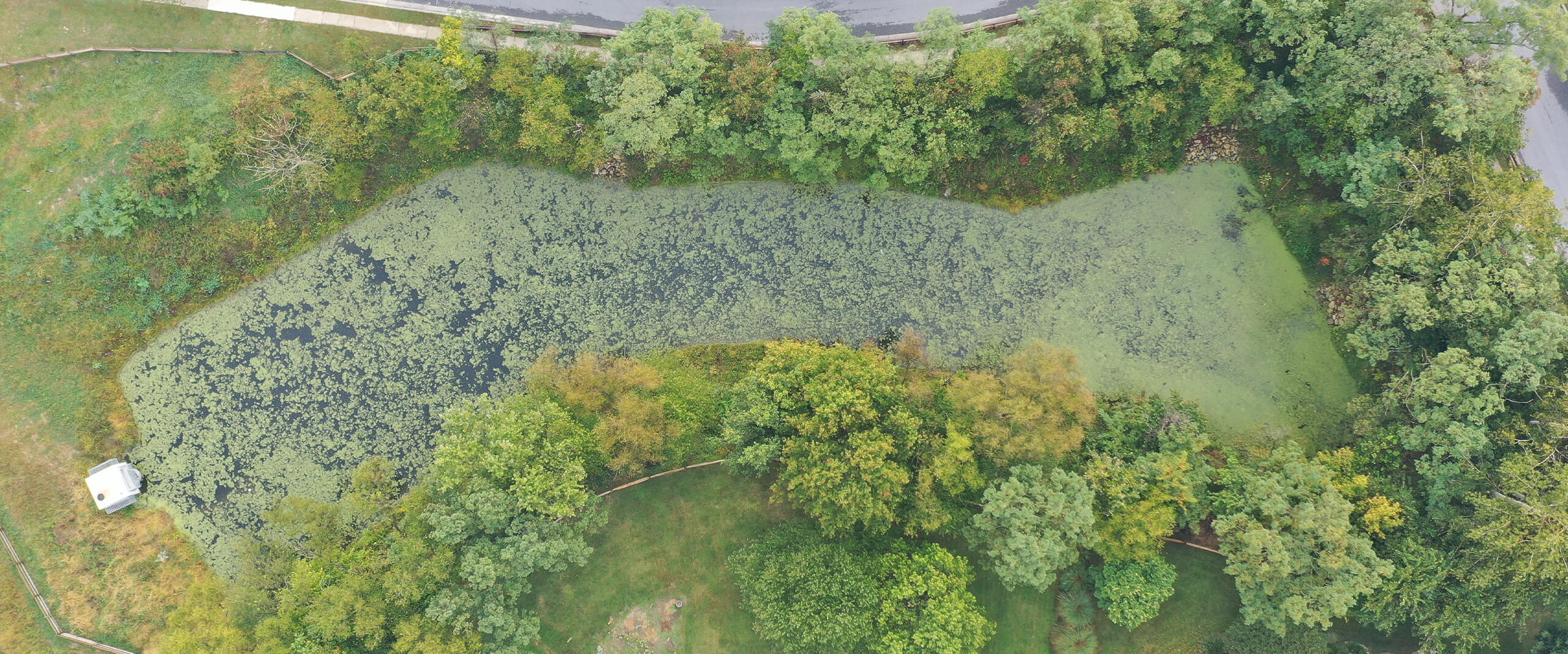 An aerial view of the Autumn Manor Pond