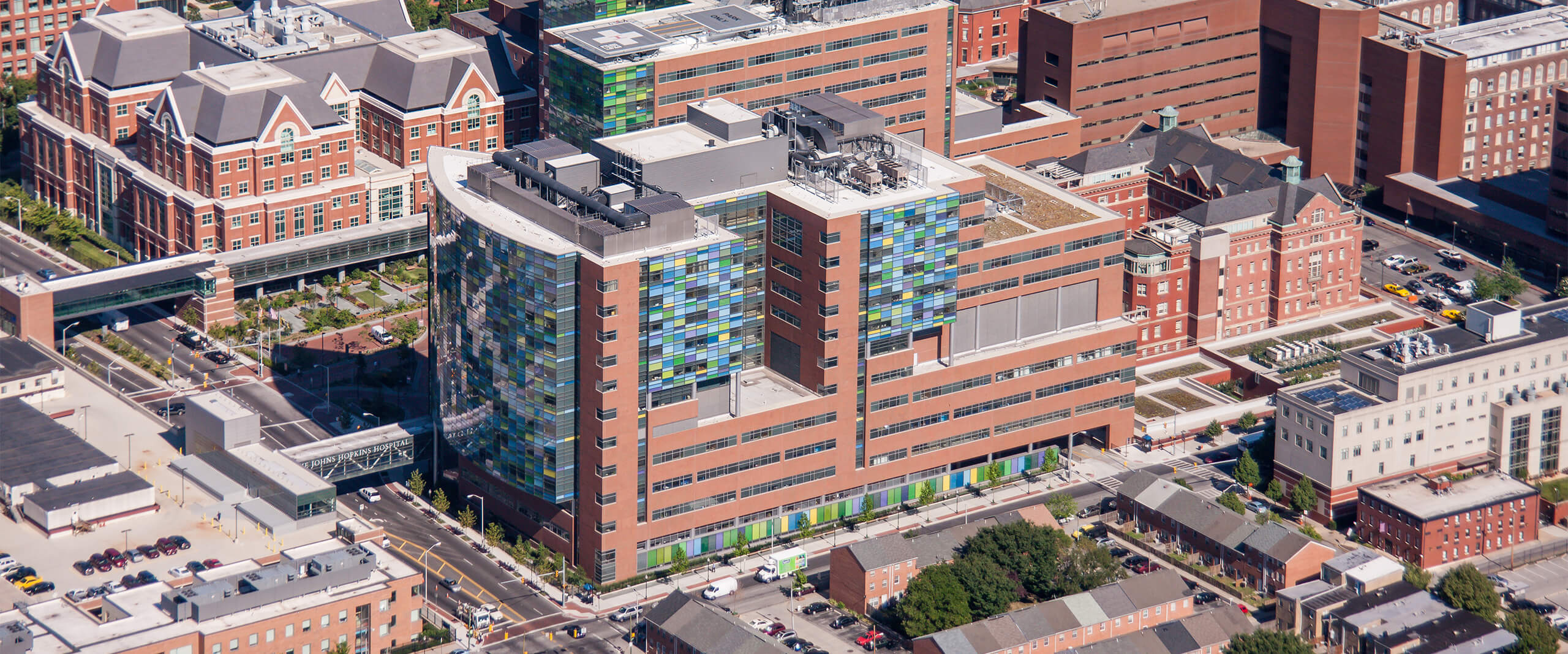 An aerial view of the Johns Hopkins Bayview campus