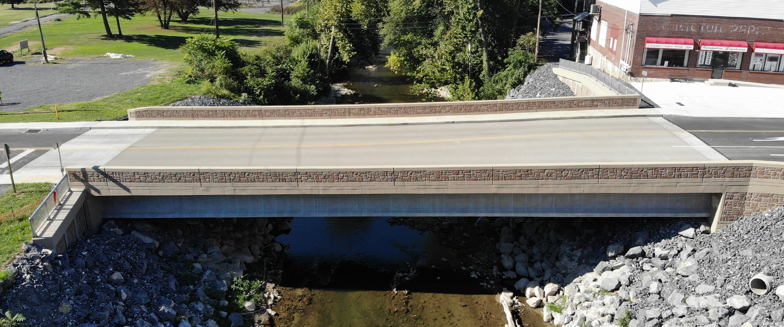 An aerial view of the new Kishacoquillas Creek bridge