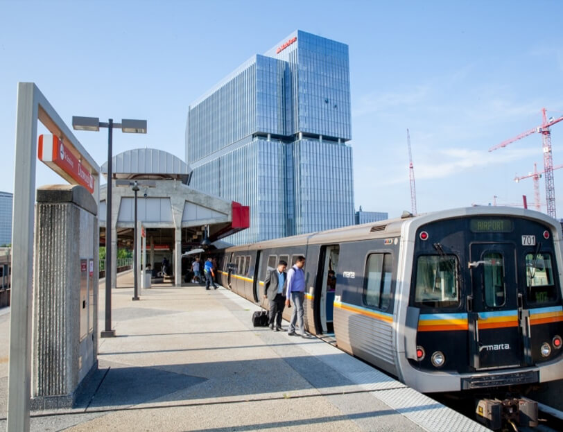A MARTA subway train arrives at a transit station