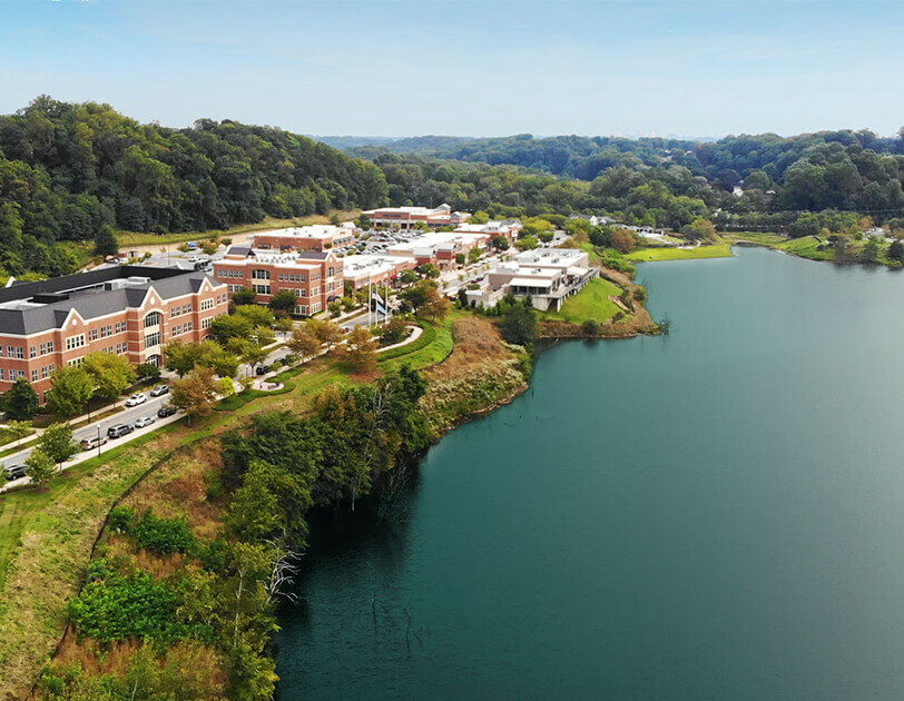 A reclaimed quarry with commercial buildings