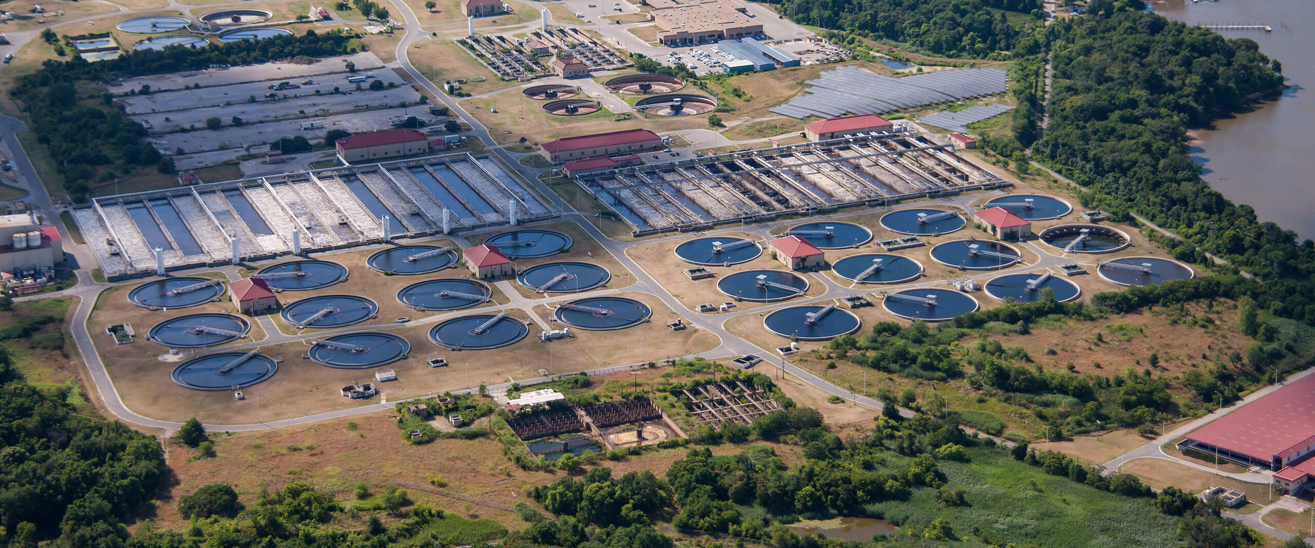 Aerial photo of a wastewater treatment plant