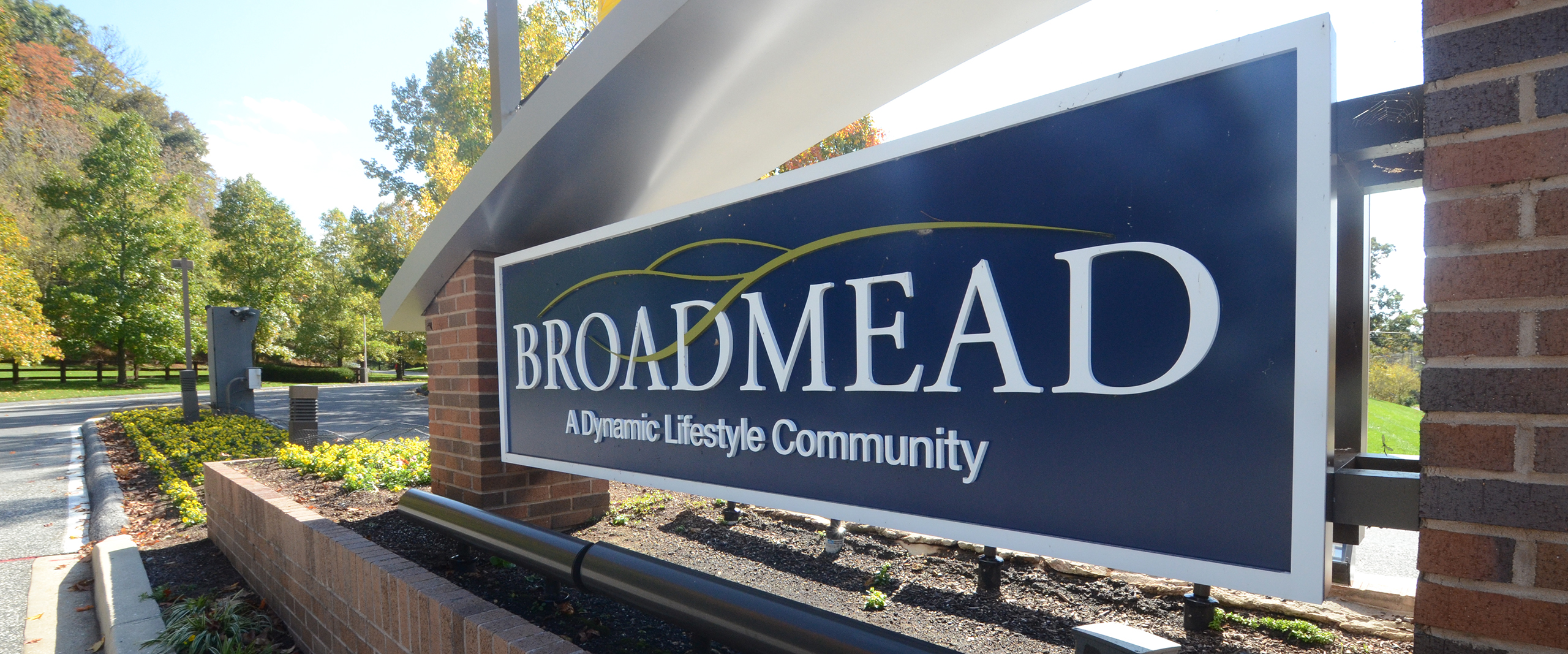 Brick monument sign at the entrance to the Broadmead continuing care community in Hunt Valley, Maryland