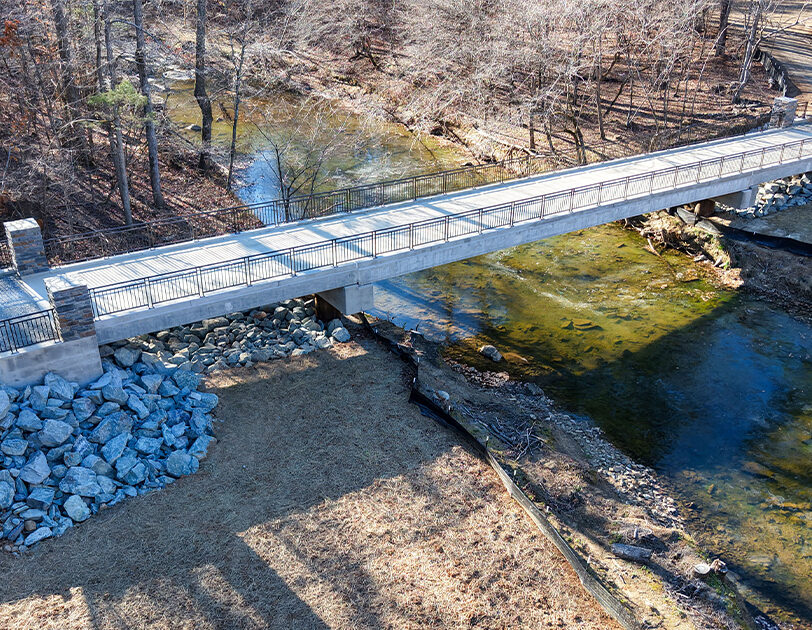 Aerial view of the new bridge from the Duke Forest stream restoration project crossing the creek