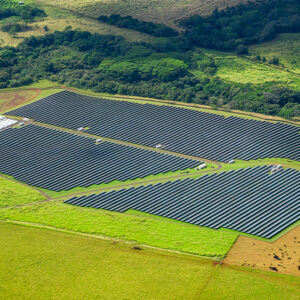 Aerial view of a utility-scale solar farm spanning green rolling fields