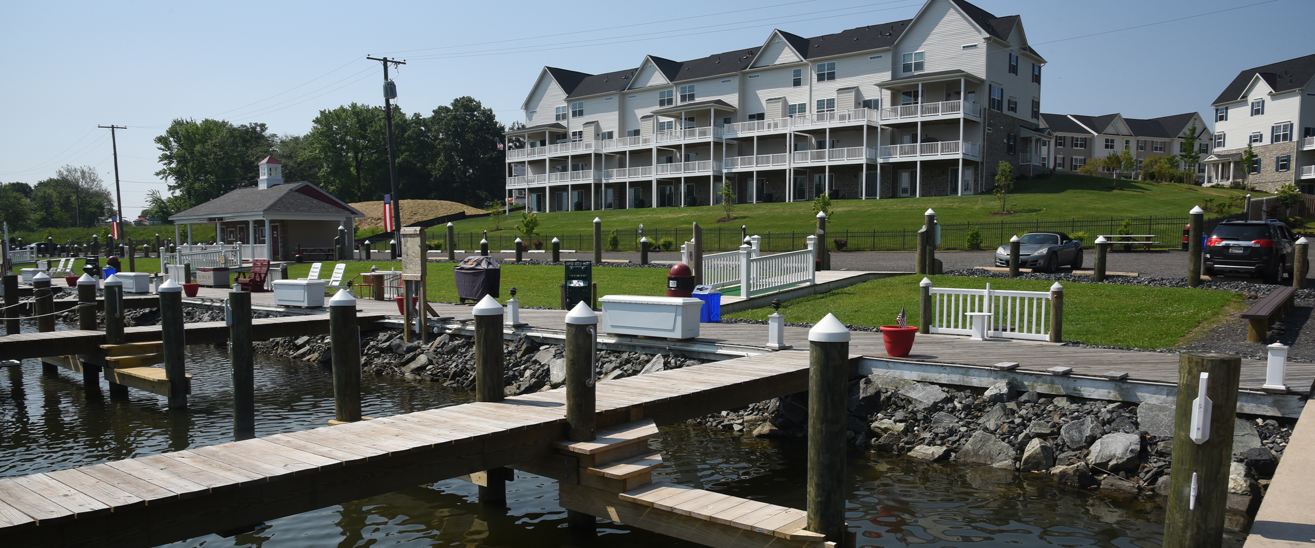 Townhouse condominiums and marina slips at the Devonport and Chrismar community in Middle River, Maryland