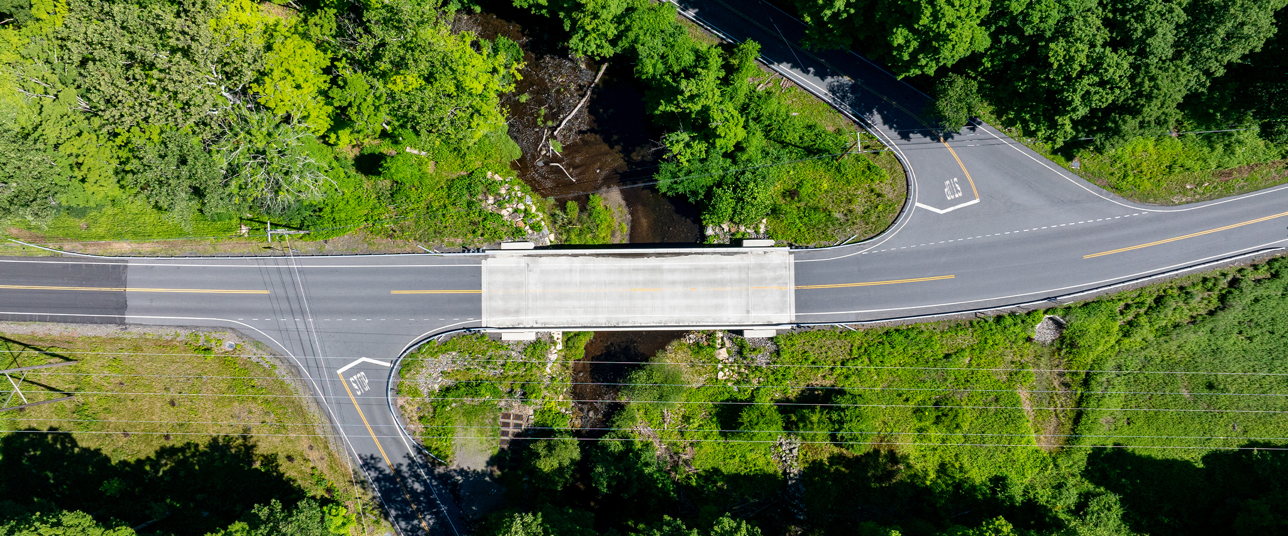 Aerial view of the new Drewville Road Bridge over a stream in Putnam County, New York