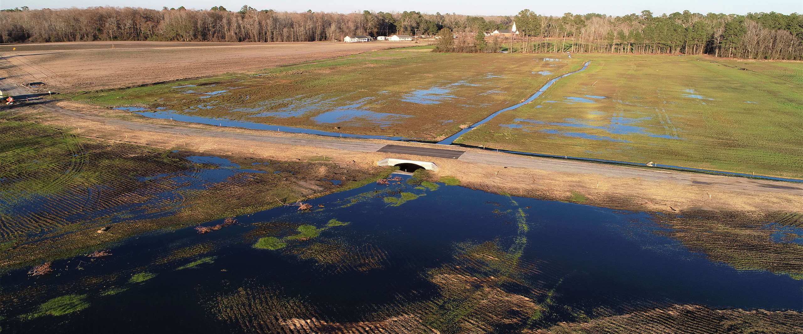 Aerial view of restored wetland hydrology across the Rough Horn site in Columbus County, North Carolina